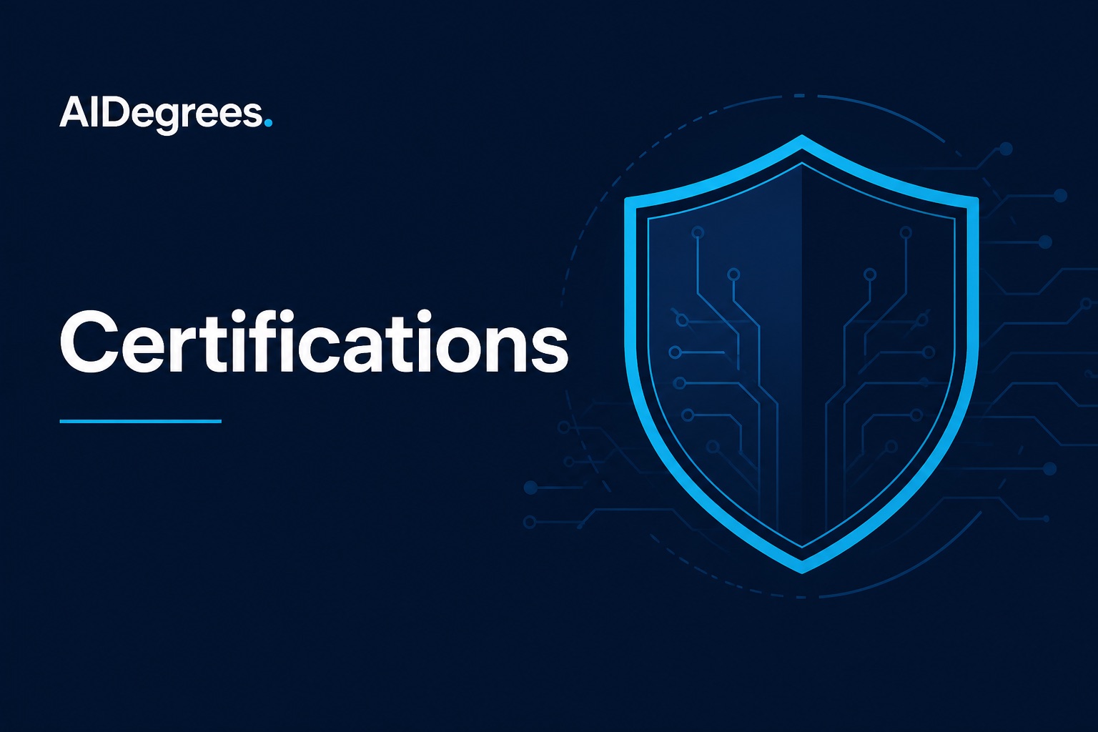 AIDegrees certifications hub — navy banner with geometric shield badge