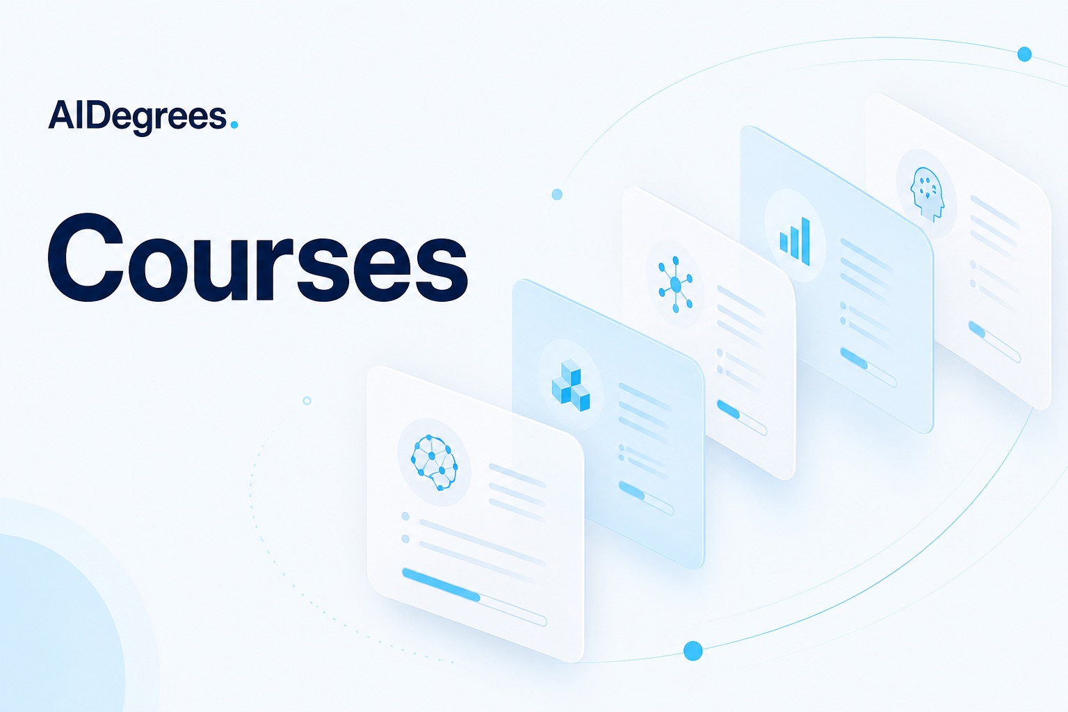AIDegrees courses hub — light banner with floating translucent module cards