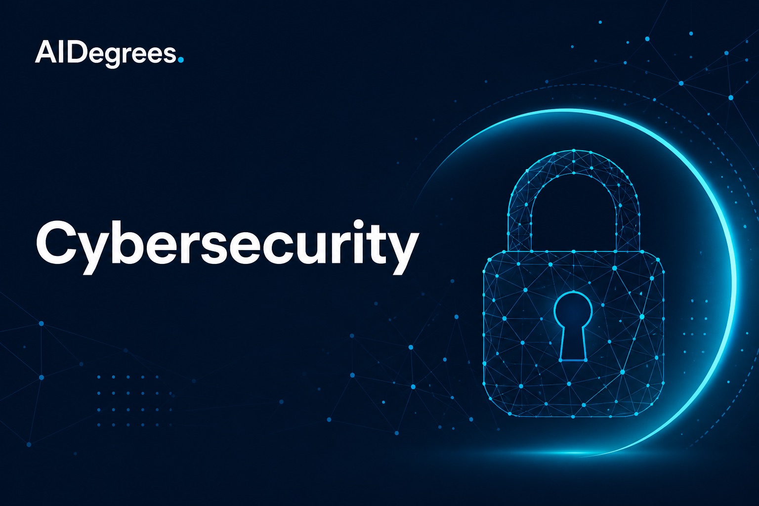 AIDegrees cybersecurity hub — navy banner with network-node lock metaphor