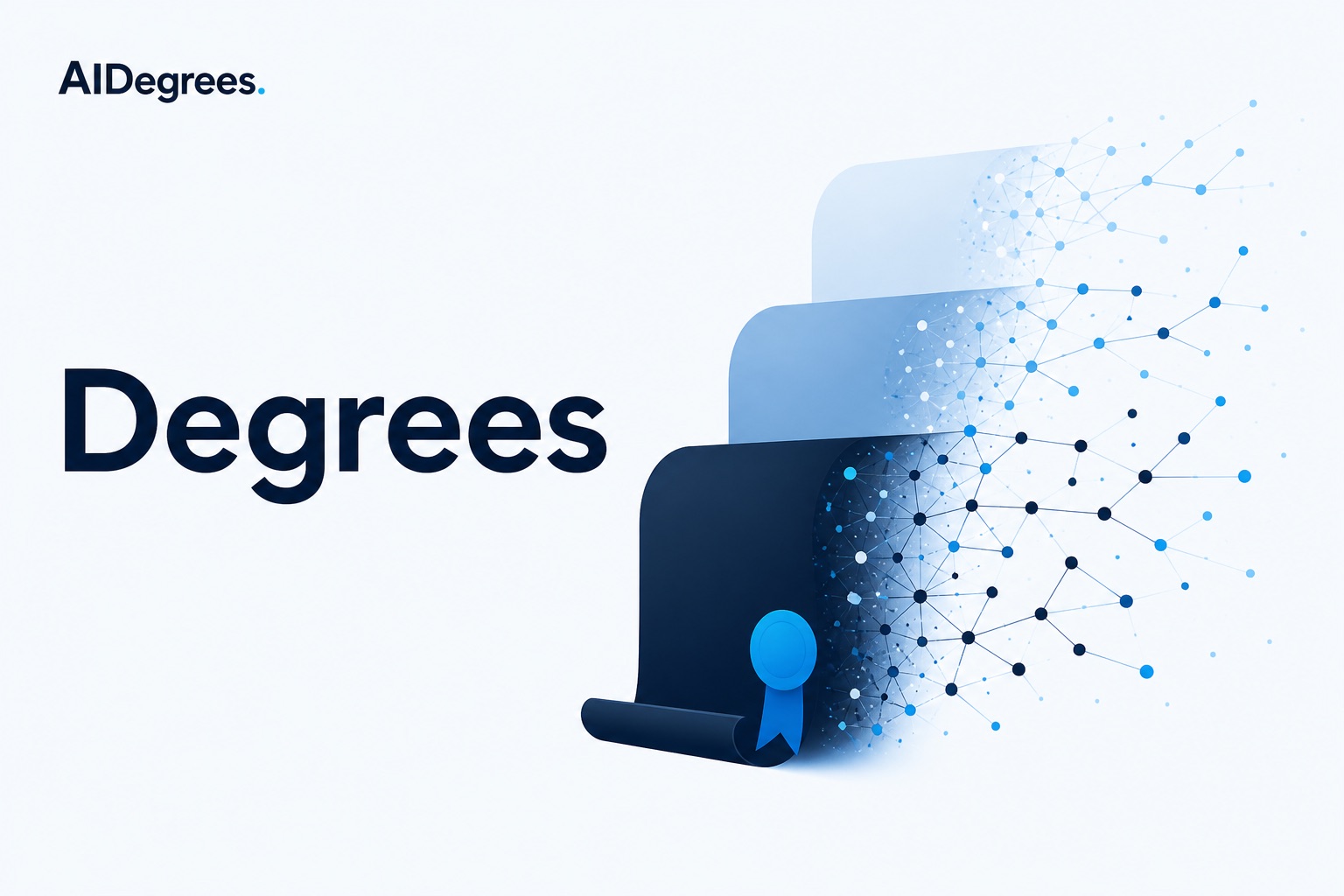 AIDegrees degrees hub — light banner with diploma silhouettes and cyan accent